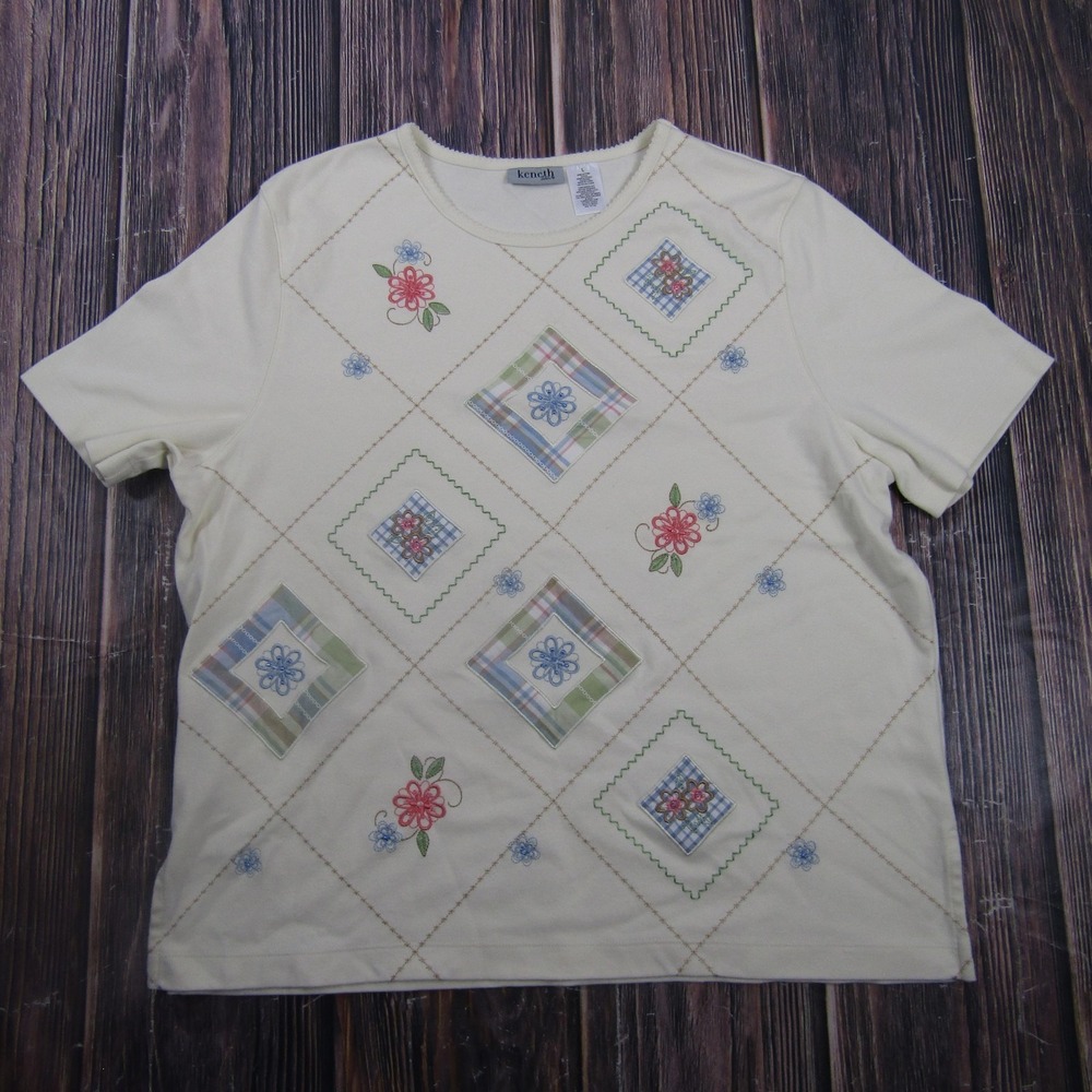 Keneth Too! Shirt Womens L White Floral Embroidered Short Sleeve Granny Core